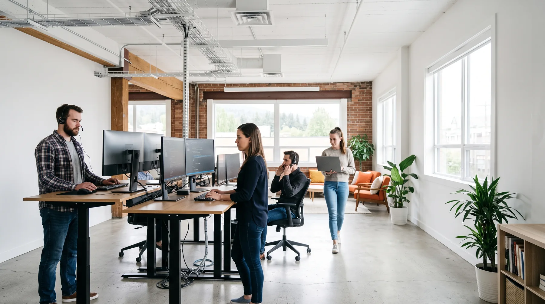 Small team working at standing desks with dual monitors in a bright loft-style office