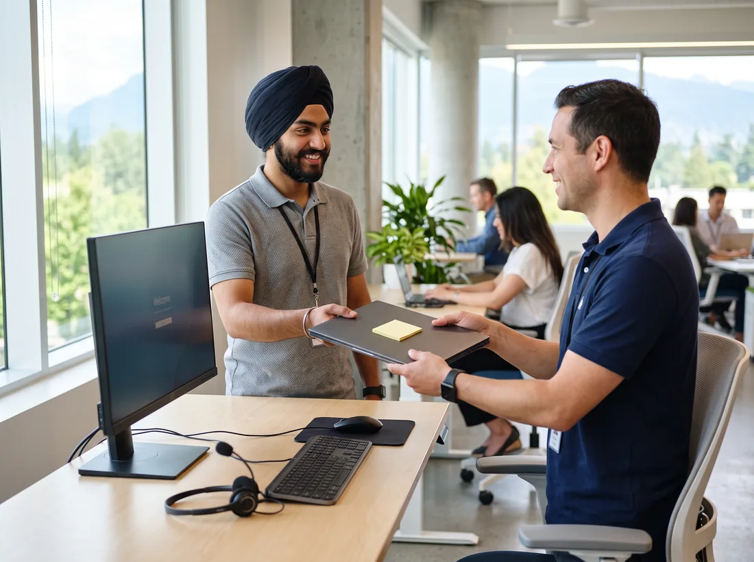 IT specialist handing a new laptop to a smiling new employee at a freshly set-up desk