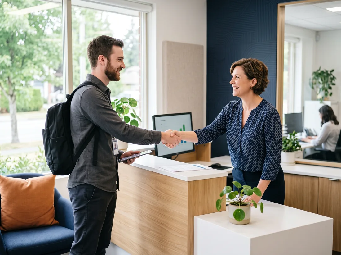 IT technician with a backpack shaking hands with a smiling office manager at a reception desk