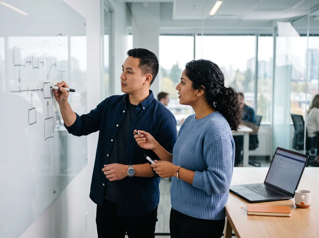 Two IT consultants sketching a timeline of boxes and arrows on a glass whiteboard