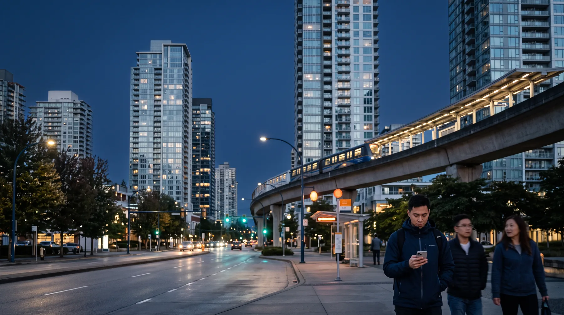 Surrey City Centre at blue hour with glass towers and the elevated SkyTrain guideway