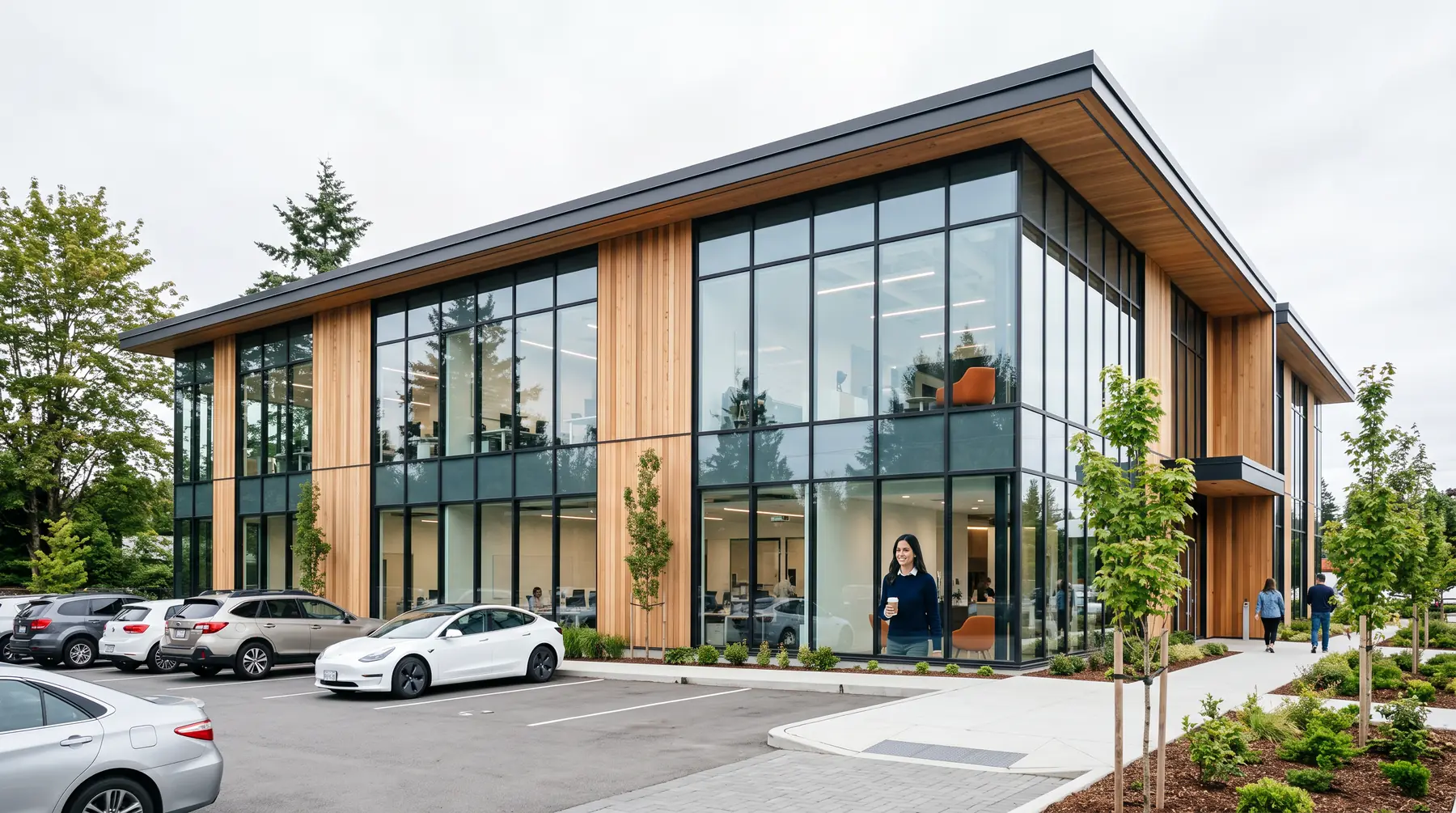 Modern two-storey business building with glass frontage, wood accents and landscaped trees