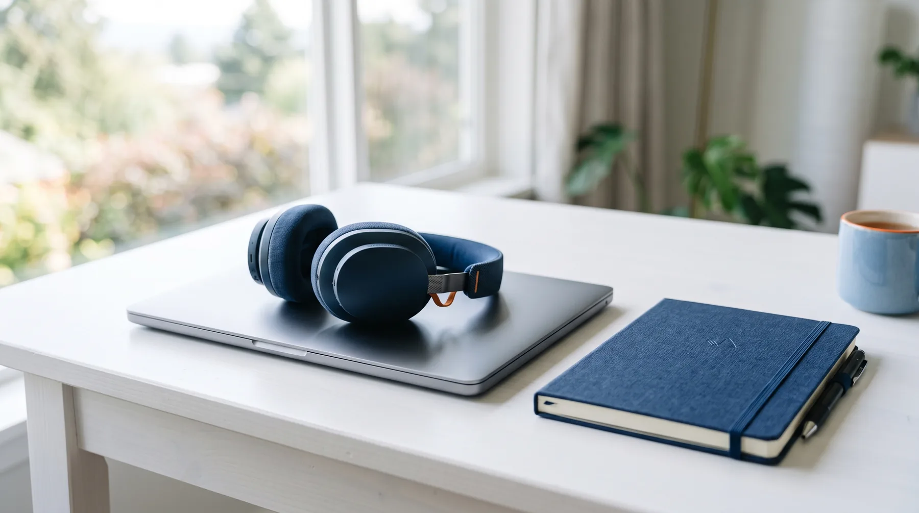 Headset resting on a closed laptop beside a notebook and pen on a clean white desk