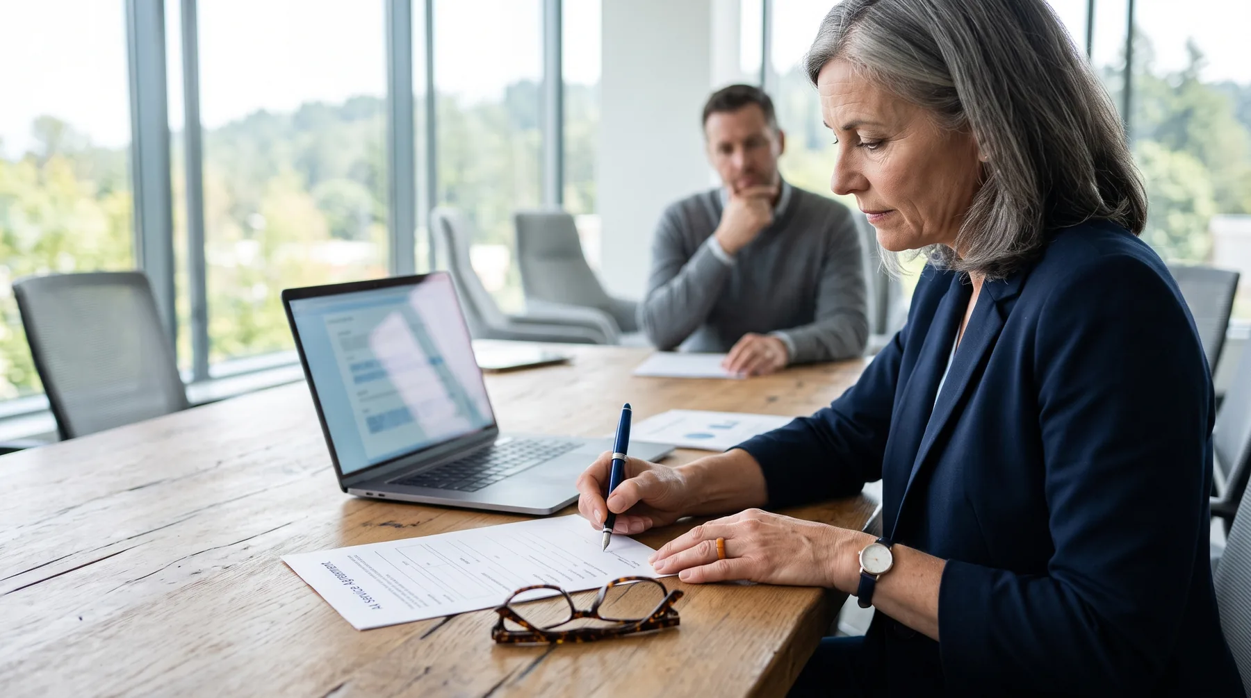 Printed service agreement with a pen, reading glasses and a laptop on a meeting table