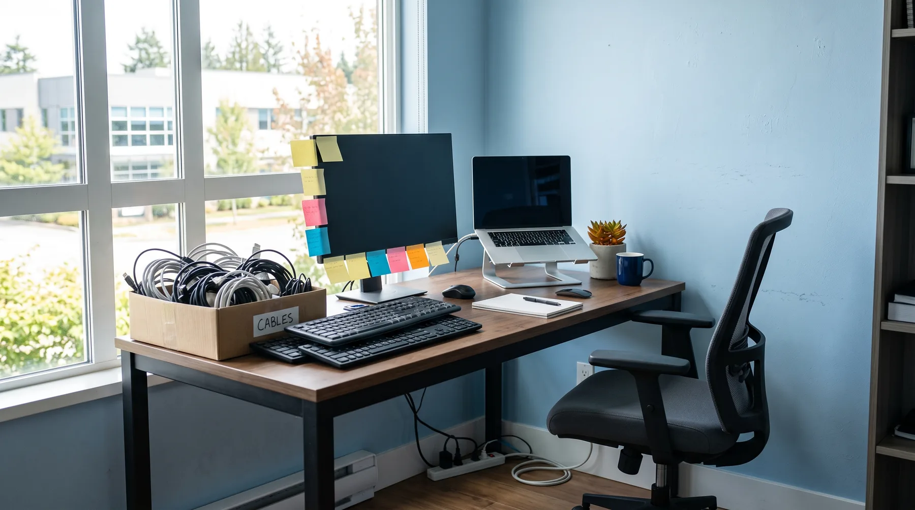 Empty IT workstation in a small office with a laptop, spare keyboards and a box of cables