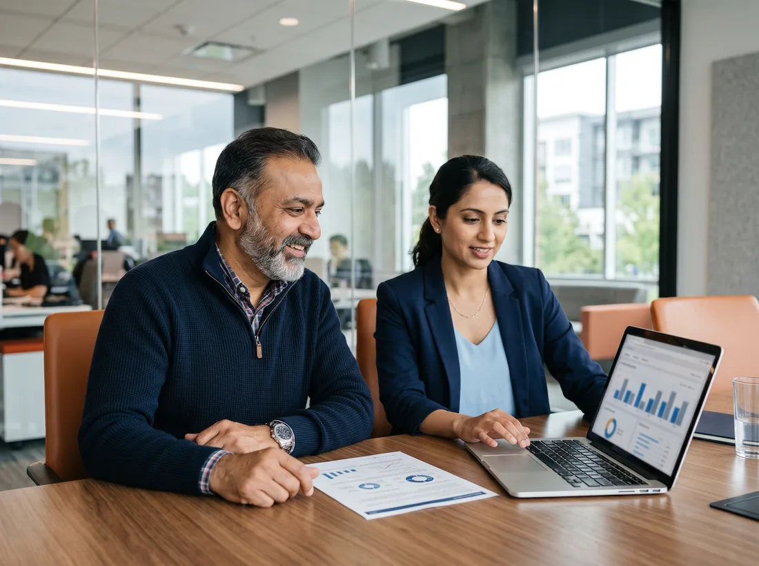 Business owner and an IT consultant reviewing a laptop dashboard and a printed summary at a meeting table