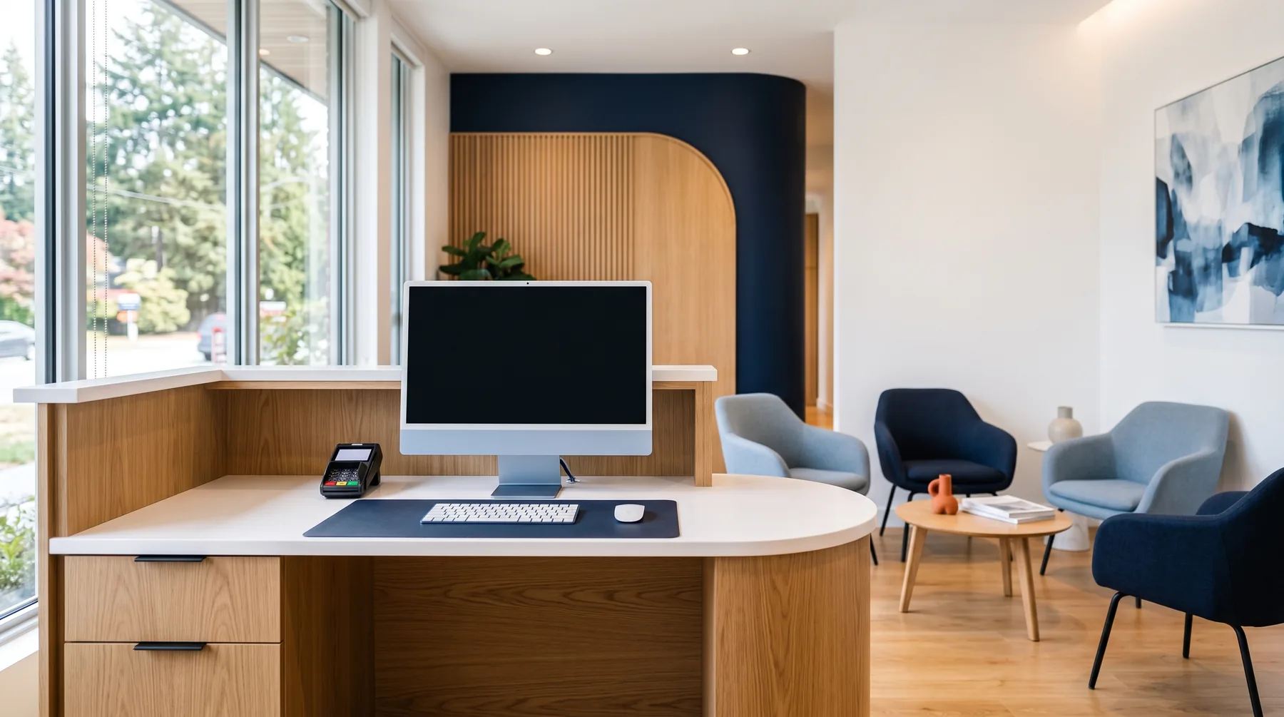 Modern clinic reception with an all-in-one computer, a card terminal and a waiting area