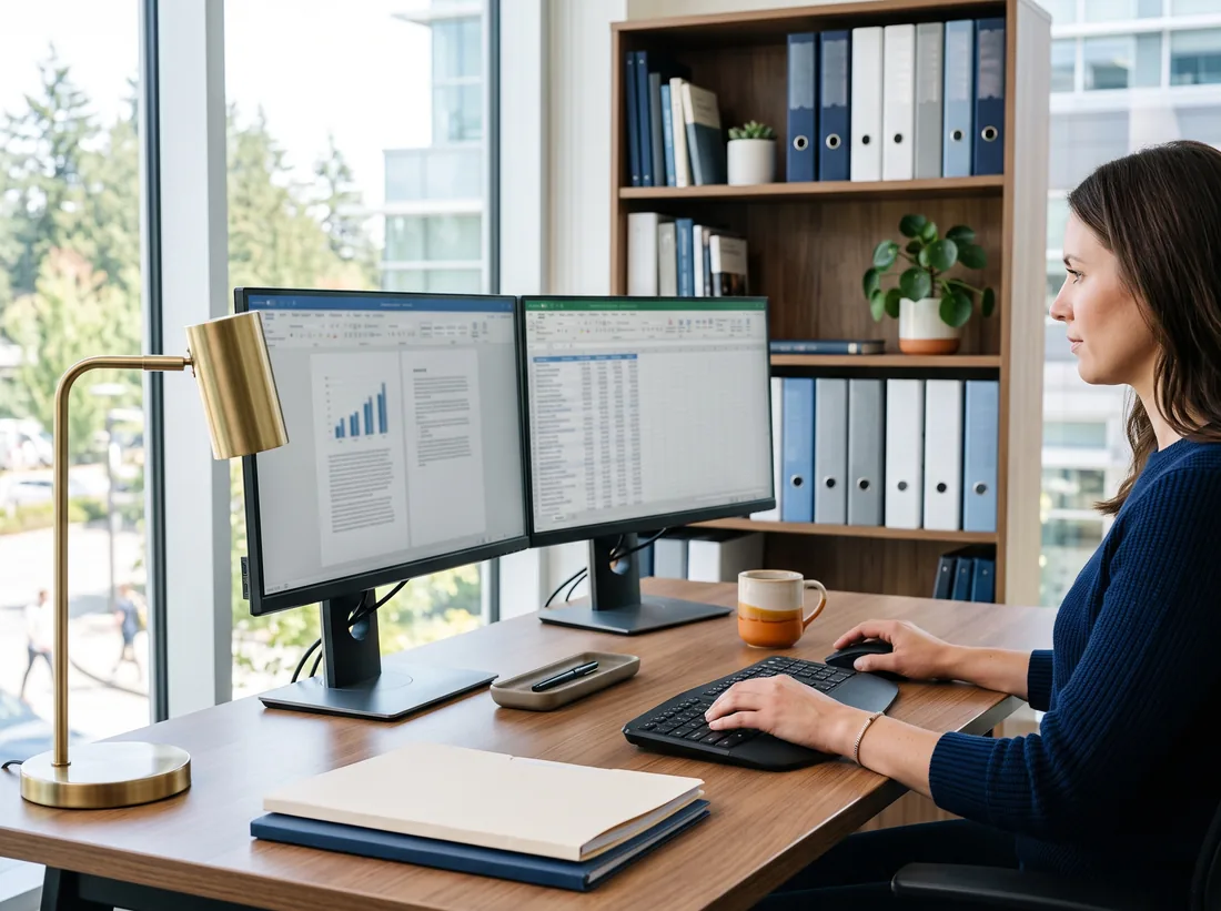 Professional office desk with dual monitors, neatly stacked folders and a desk lamp beside a bookshelf of binders