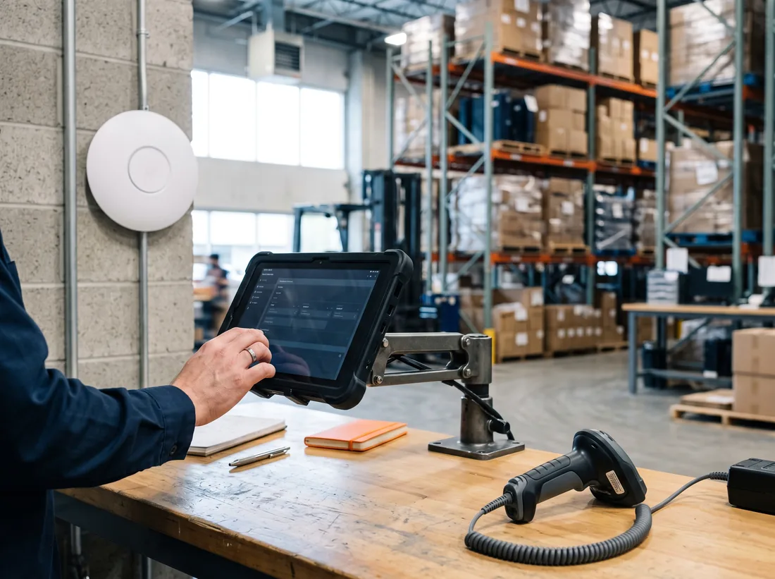 Warehouse office corner with a rugged tablet on a stand, a barcode scanner and a wall-mounted wireless access point