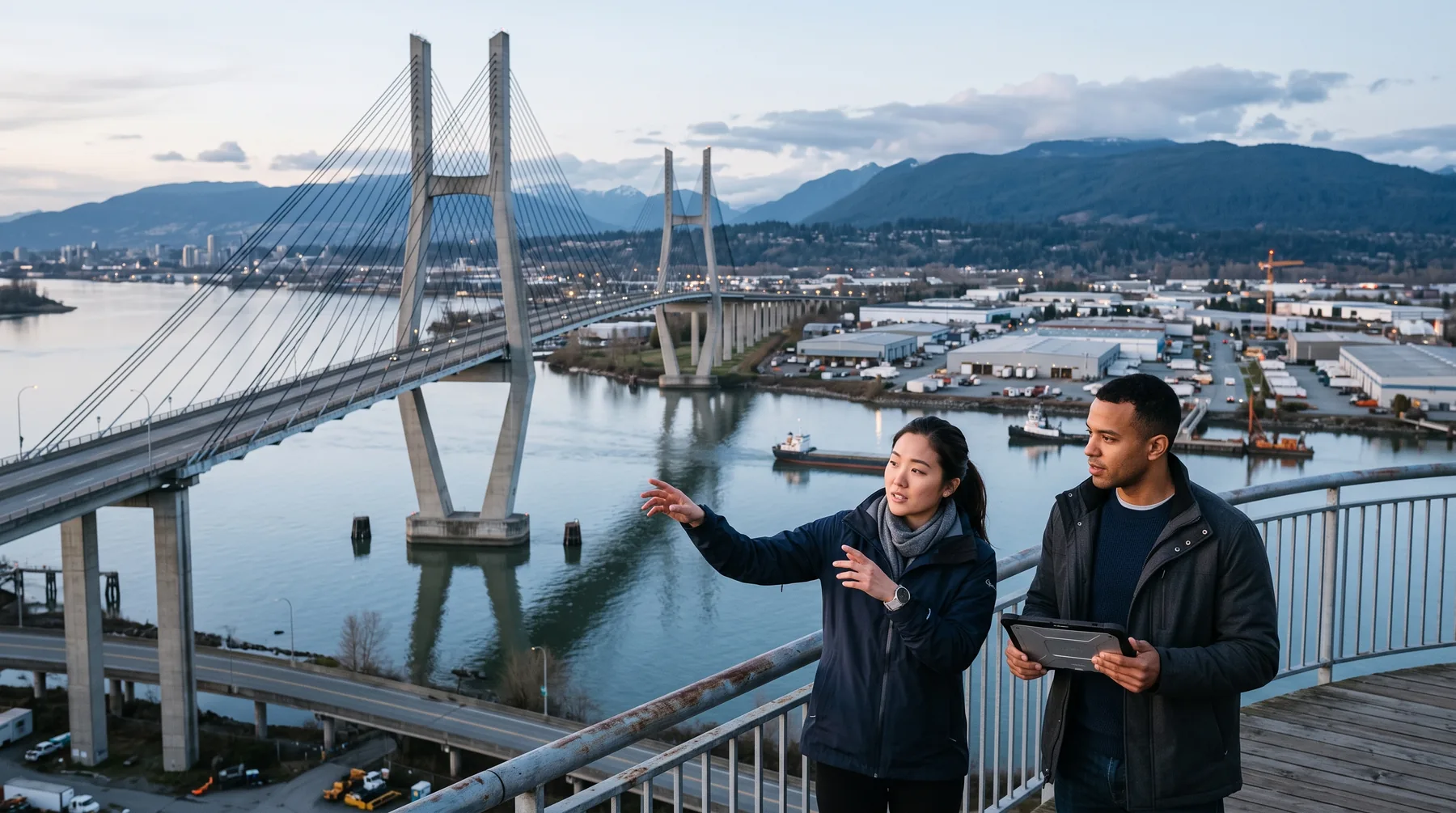 Cable-stayed bridge over the Fraser River beside an industrial island lined with warehouses