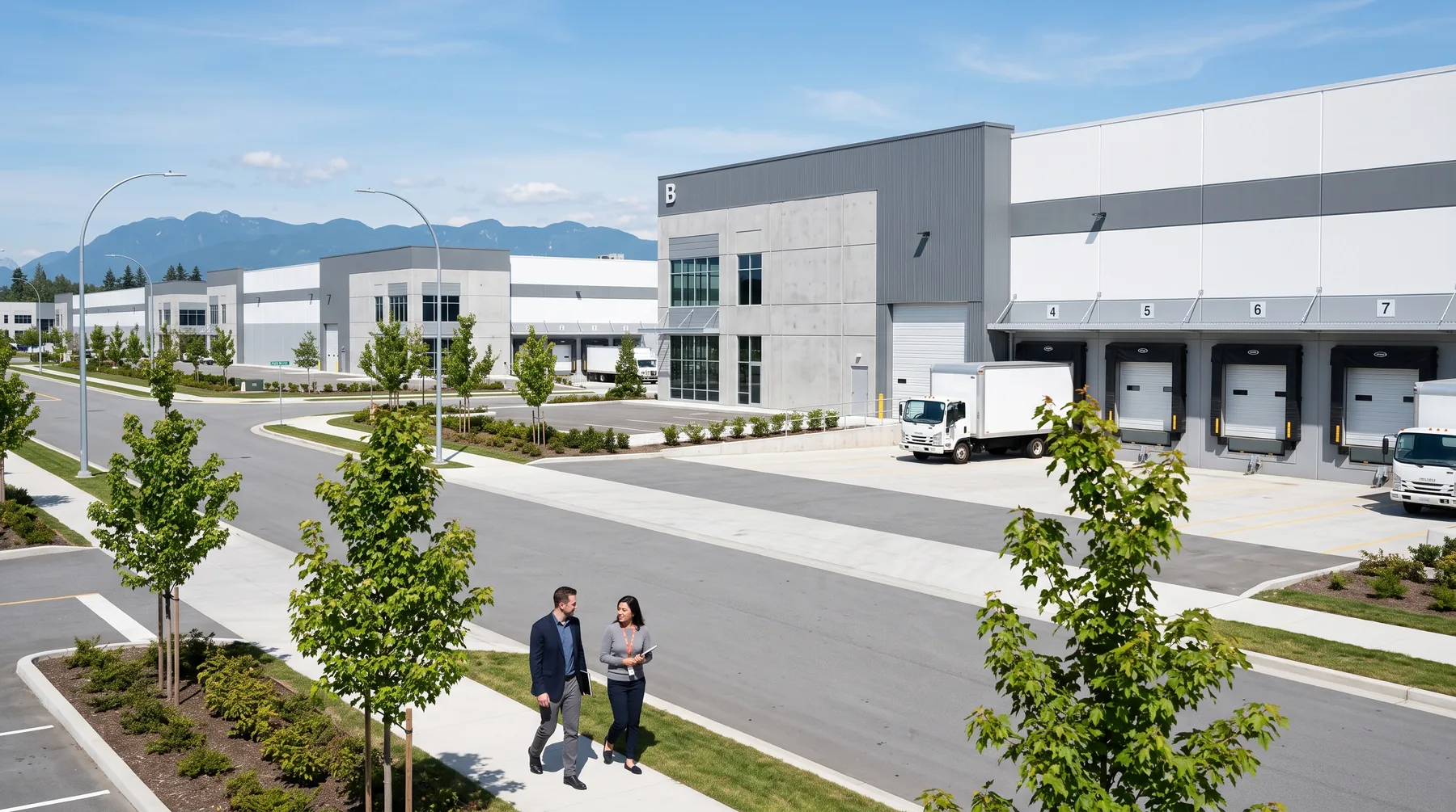 Modern warehouse and light-industrial buildings with loading bays and young trees in a business park