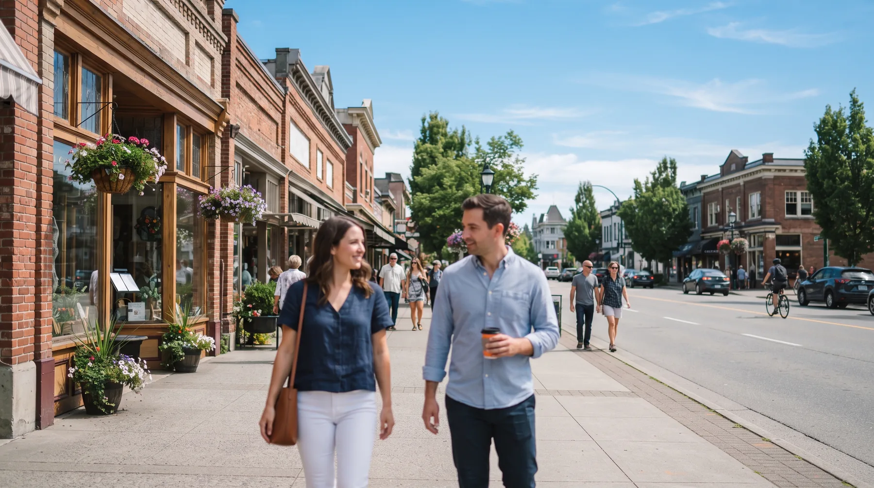 Heritage main street with brick storefronts and hanging flower baskets in a small Lower Mainland town
