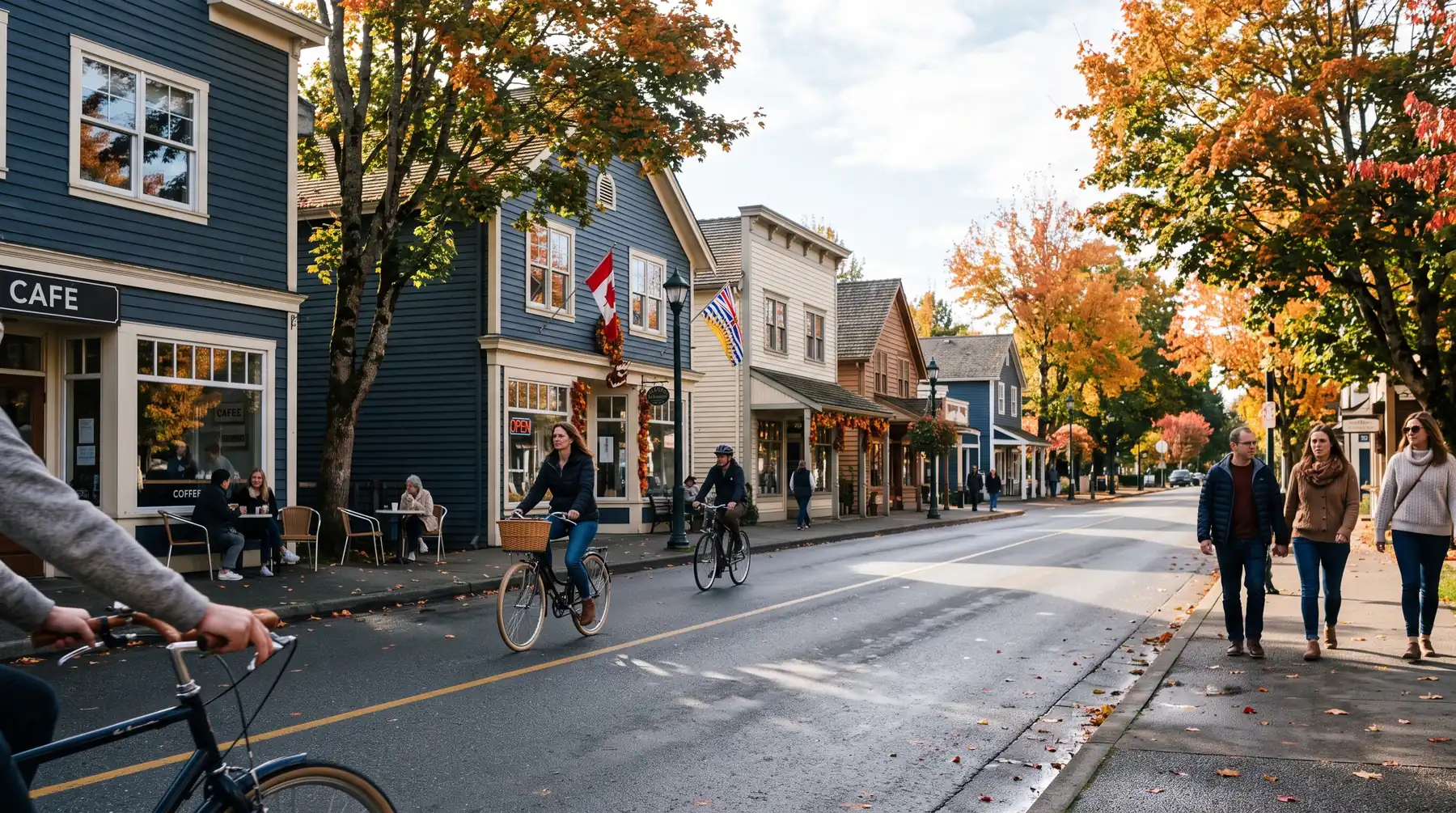 Village main street with heritage wooden buildings, cafés and autumn trees
