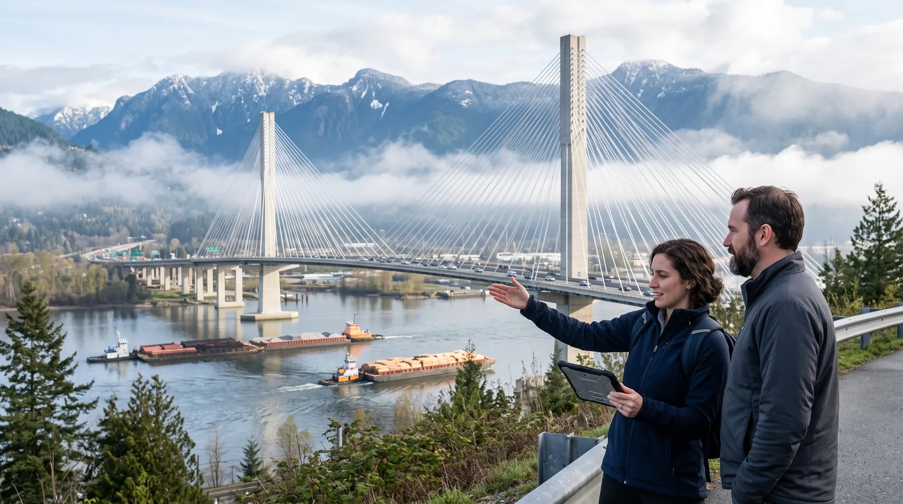 Cable-stayed highway bridge over the Fraser River with barges and mountains behind