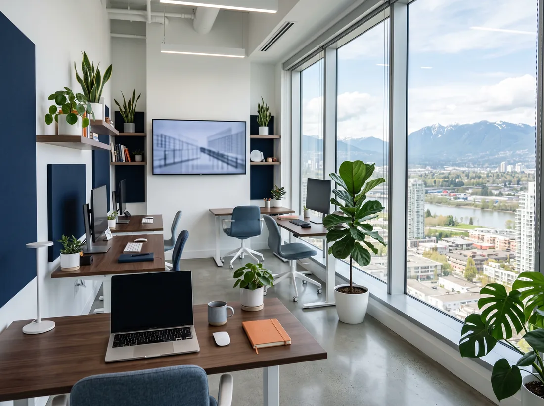 Small modern office with desks, laptops and a wall screen, with a window view of city and mountains