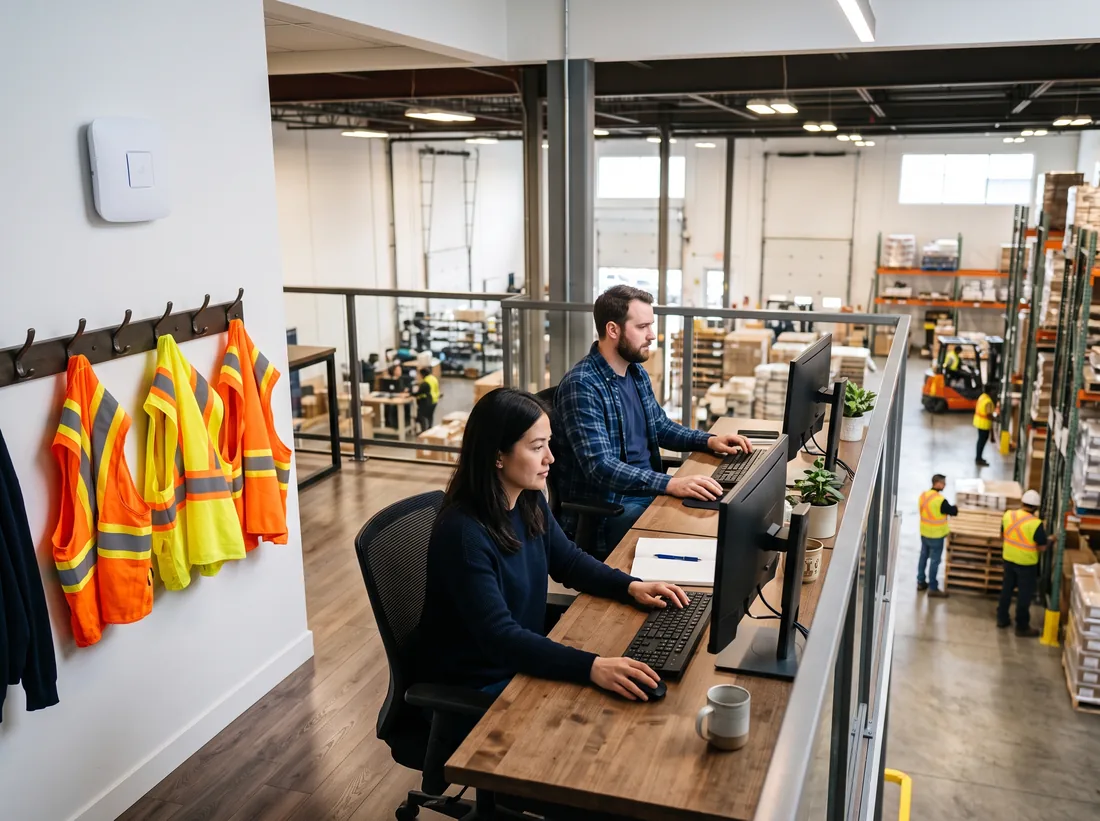 Mezzanine office above a warehouse floor with computers, a wireless access point and safety vests