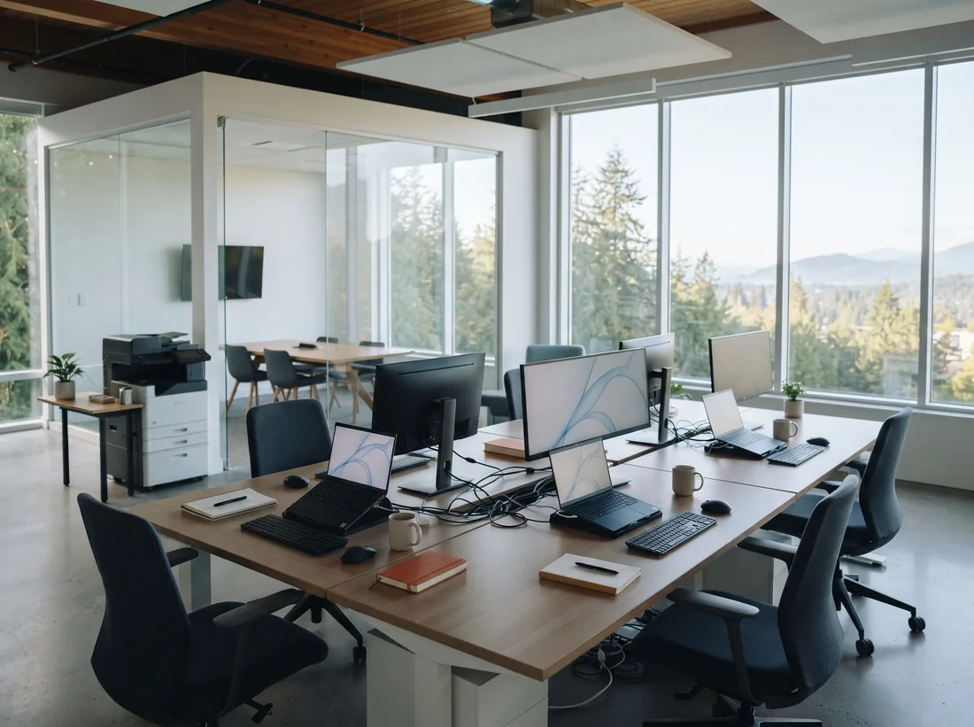 Empty bright open-plan office with desks, docked laptops, a shared printer and a glass meeting room