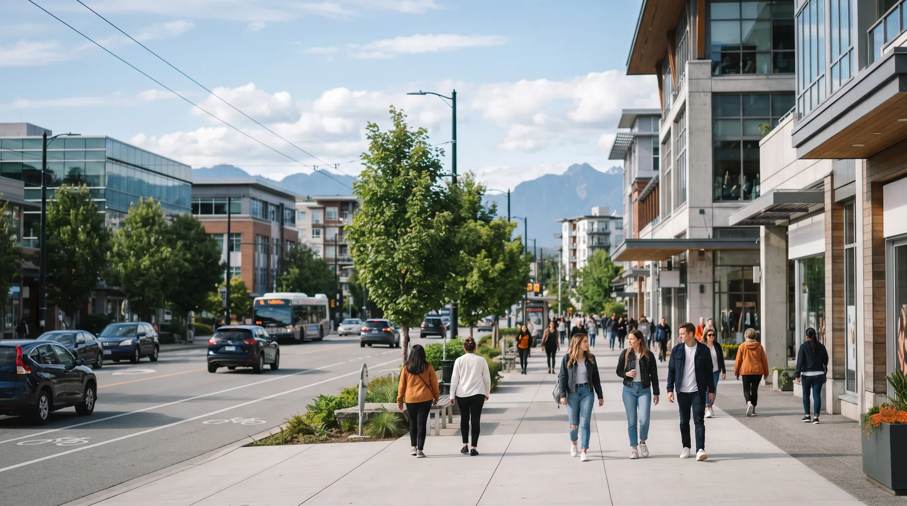 Busy commercial street with low-rise offices, shops and pedestrians in a Lower Mainland town centre