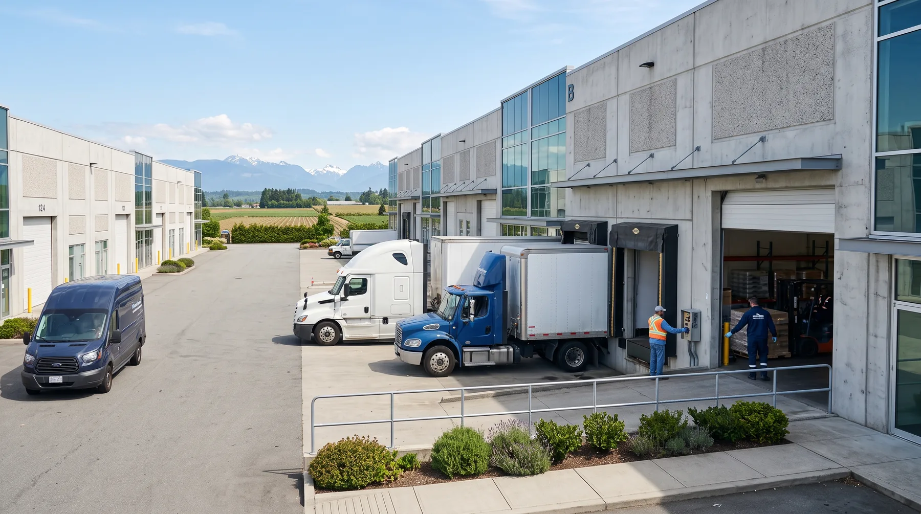 Light-industrial business park with tilt-up buildings, delivery trucks and mountains on the horizon
