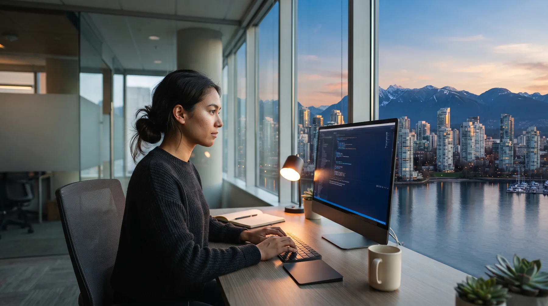 Office worker at a desk by a window overlooking a Lower Mainland skyline and mountains at sunset