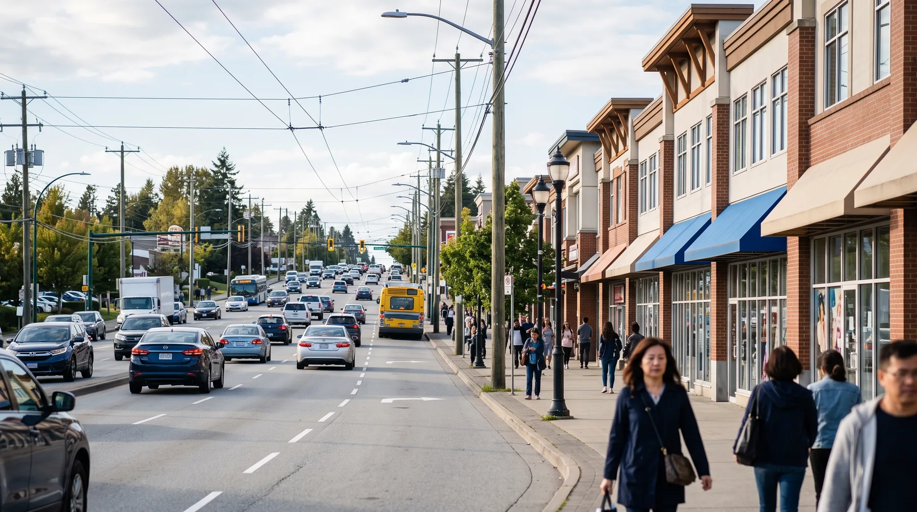 Suburban commercial strip with two-storey plazas, shops and traffic on a wide road