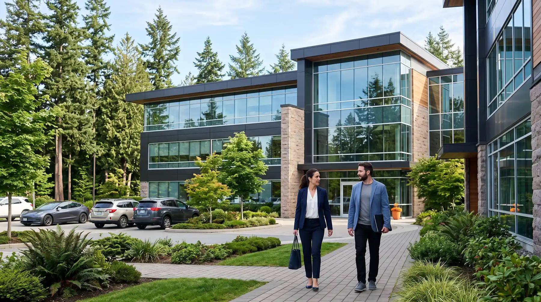 Low-rise glass and stone office buildings among tall evergreens in a landscaped office park