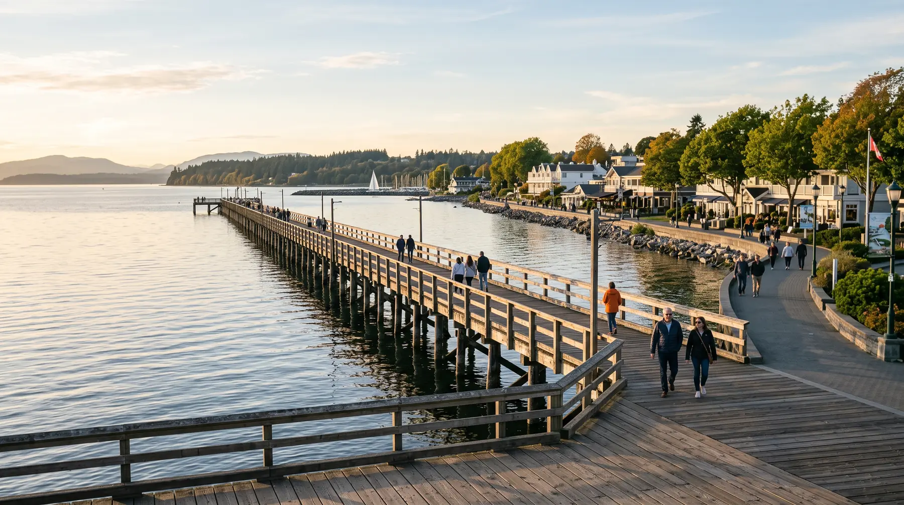 Long wooden pier stretching into calm water beside a waterfront promenade in late-afternoon light