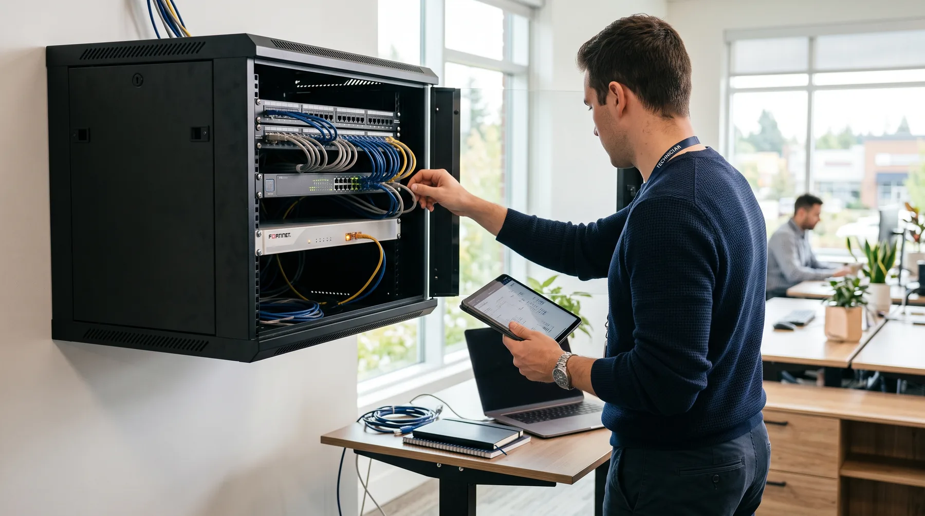 IT consultant with a tablet inspecting a small office network cabinet with a switch and firewall