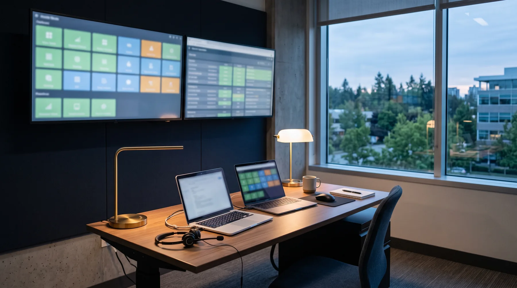 Small IT operations room with wall monitors showing status tiles and a desk with laptops and a headset