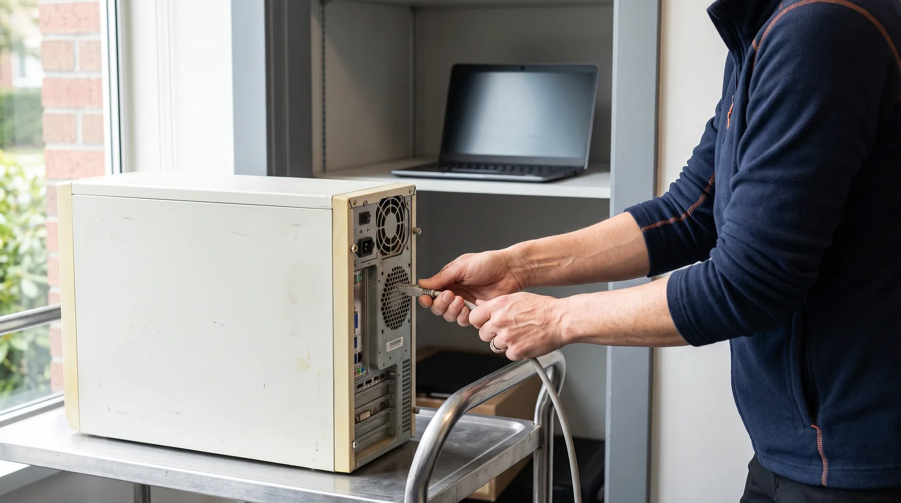 Old tower server on a trolley outside an office closet with a technician unplugging the last cable