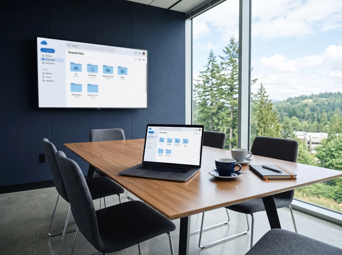 Meeting room table with a laptop showing shared files mirrored on a large wall screen