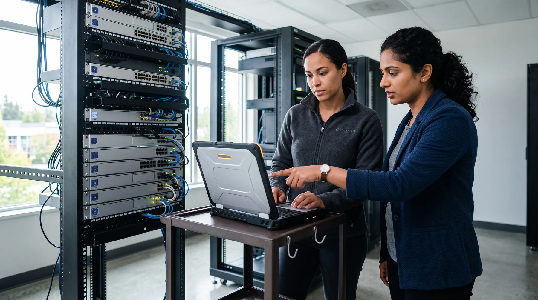 Two IT professionals looking at a laptop on a cart in front of a server rack with status lights