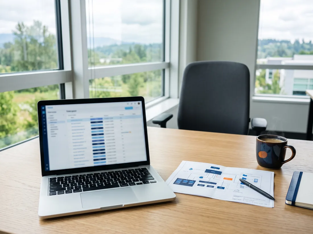 Laptop on a desk showing a ticket queue in columns beside a printed network diagram