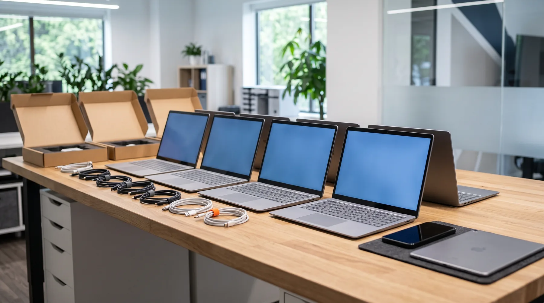 Row of new laptops on a workbench showing blue setup screens with open boxes and chargers