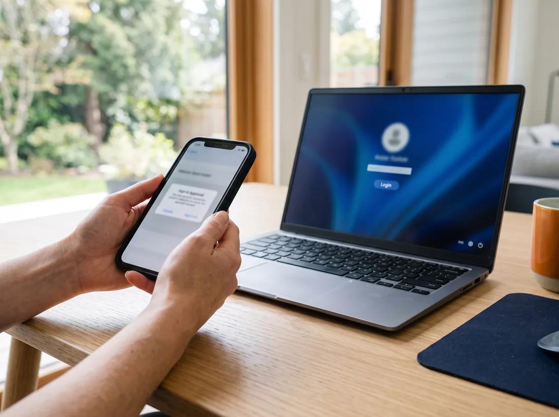 Hands holding a phone with a sign-in approval prompt next to a laptop login screen