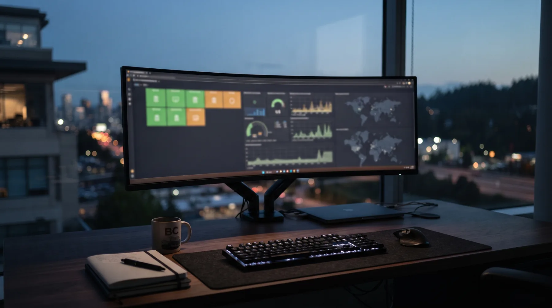 Large monitor in a dim office showing a monitoring dashboard with green and amber status tiles