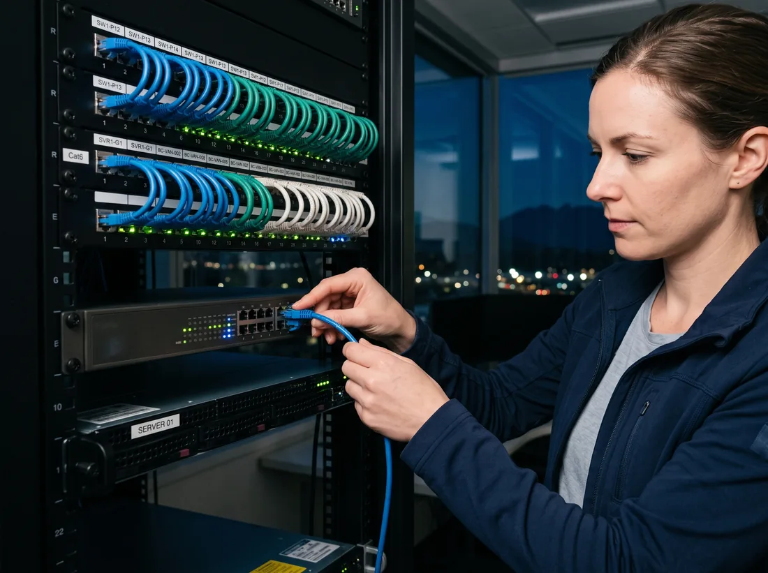 Close view of a business server and network switch in a rack with rows of small status lights