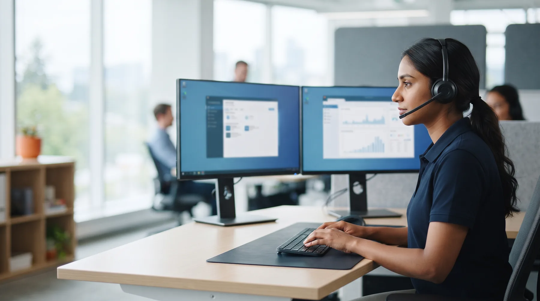 IT help desk technician wearing a headset at a desk with two monitors showing remote-support windows