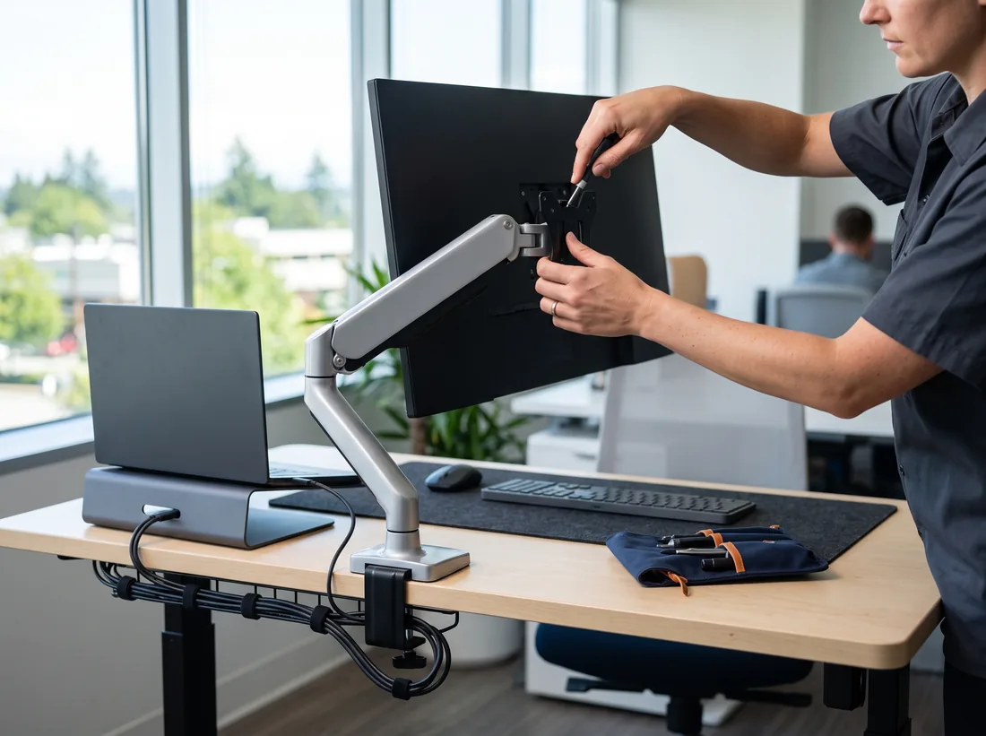 Technician’s hands adjusting a monitor arm at a tidy office desk with a docked laptop