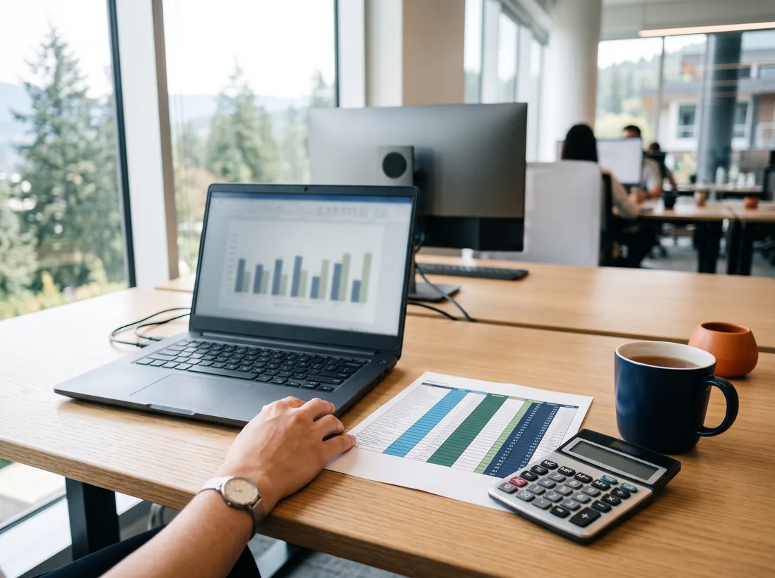 Desk with a laptop showing a bar chart next to a printed spreadsheet and a calculator