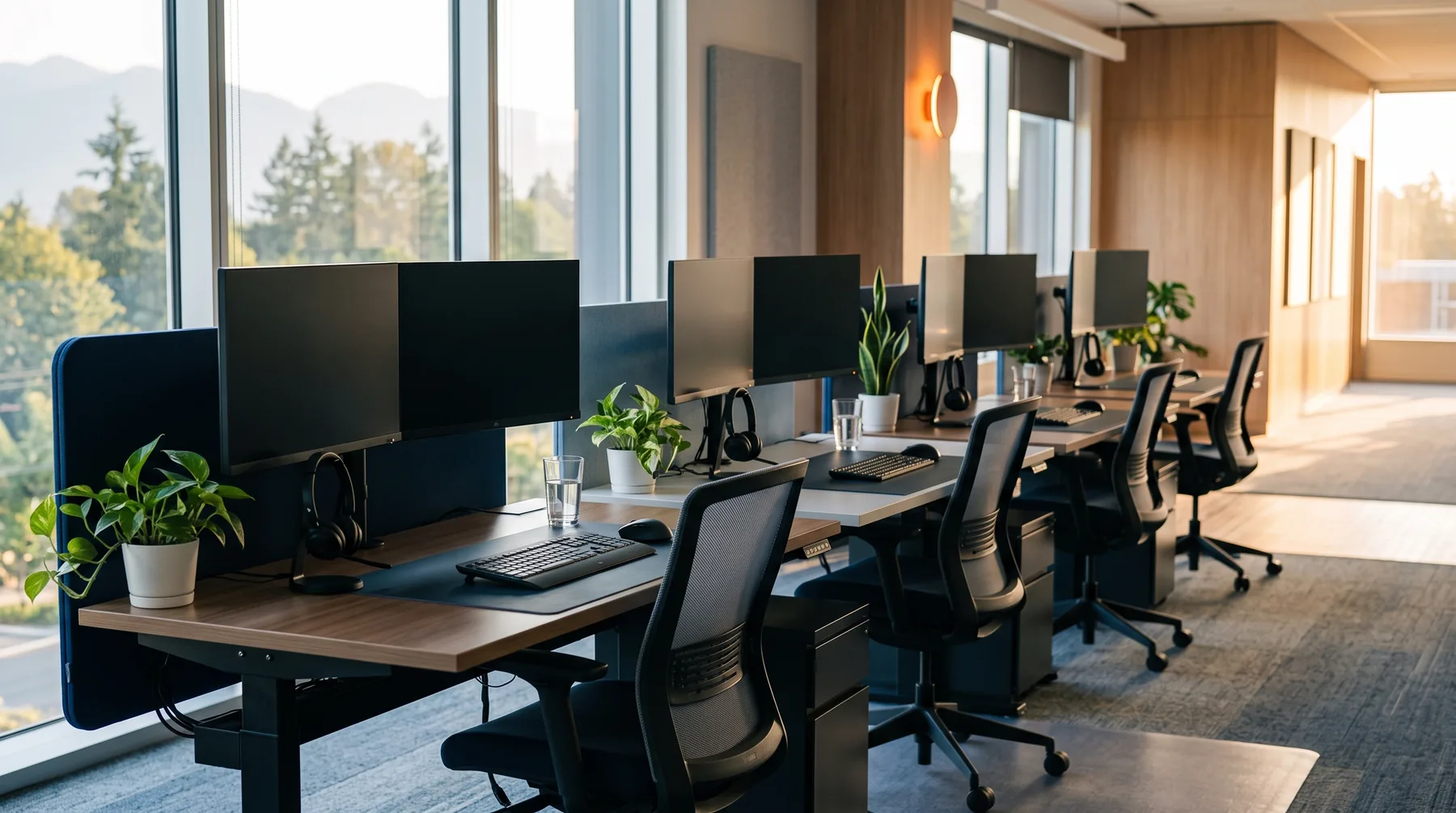 Quiet help desk area in the early morning with headsets and dual monitors at four desks
